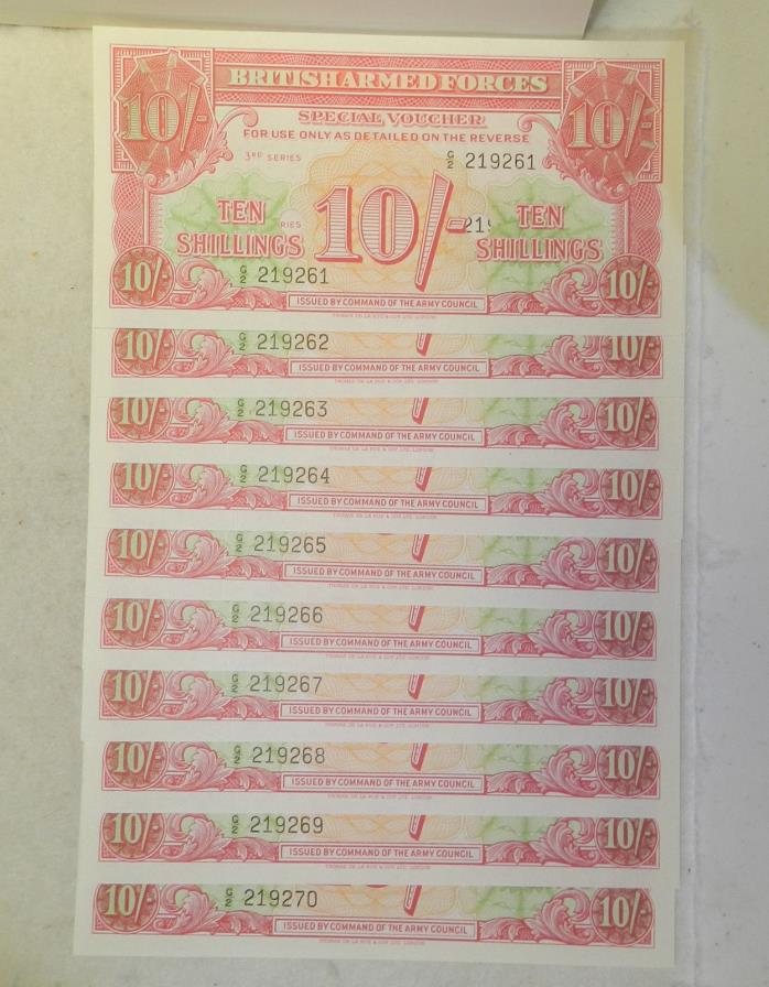 10 Sequential Serial Numbers British Armed Forces 10 Shillings Note WW2