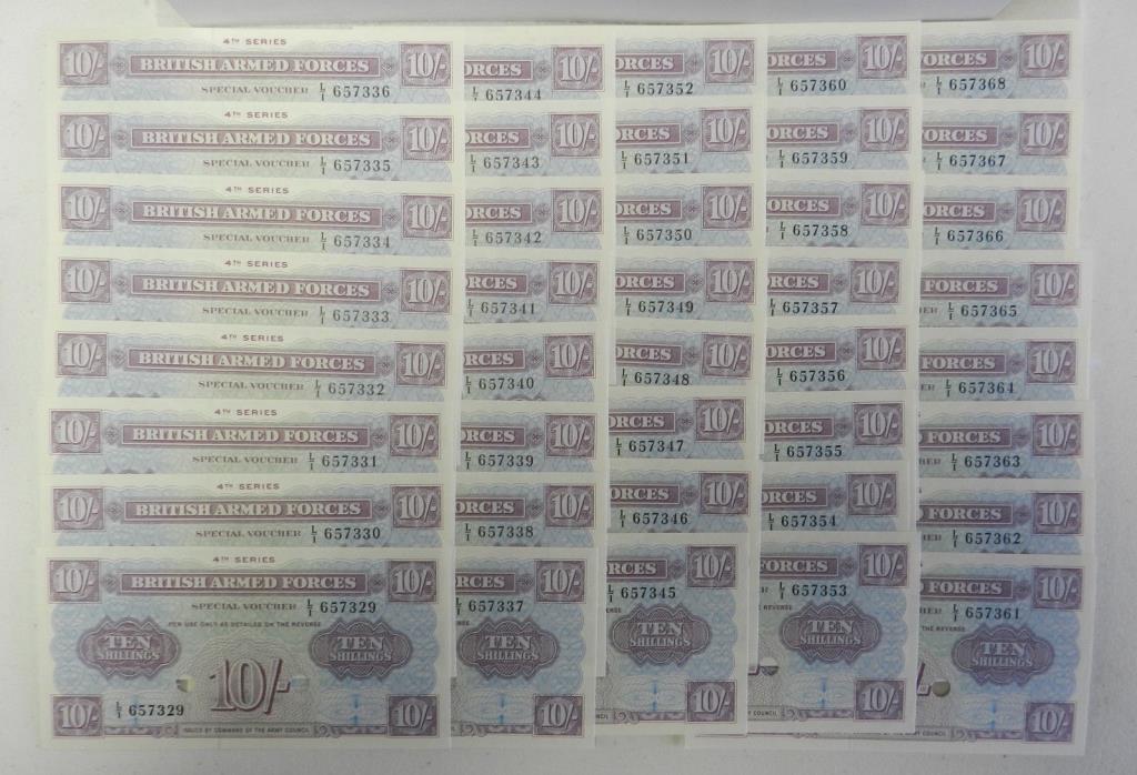 40 Sequential Serial Numbers British Armed Forces 10 Shilling Notes 4th Series