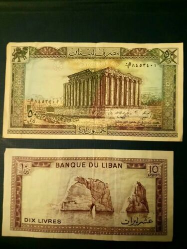 LOT of 2 Lebanon Banknotes: 50 1988 Livres & 10 Livres 1986 Liban