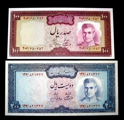 Persia Shah  Set of 2-60 Years OLD- UNC P91c& P92c RARE 100 /200Rials,Same Sign.