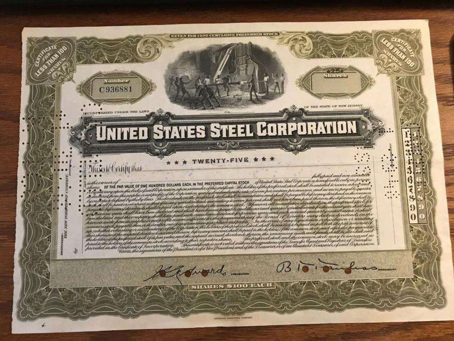 1940s United States Steel Corporation PREFERRED STOCK Certificate - New Jersey
