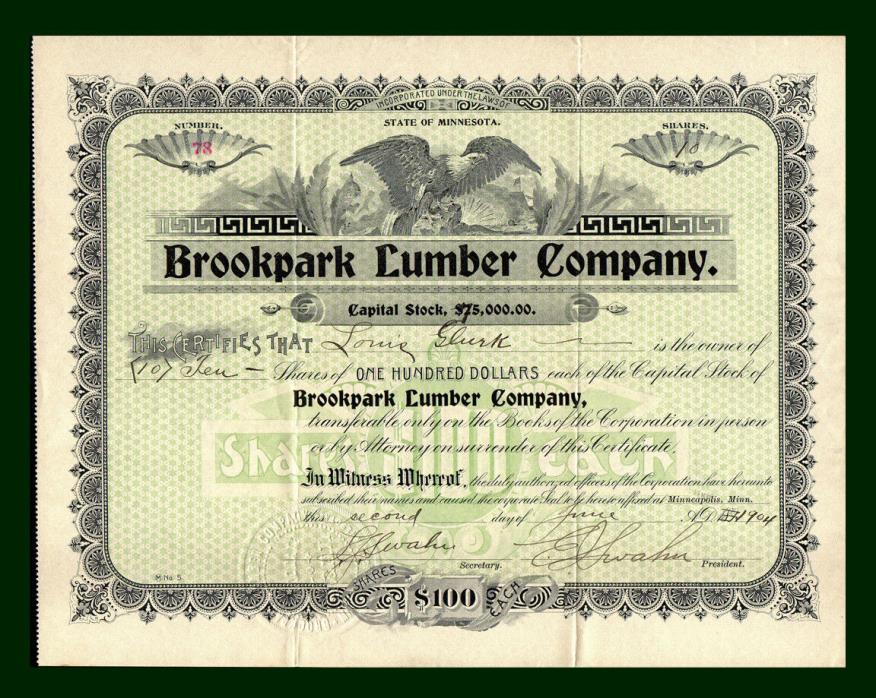 1904 MINNESOTA Brookpark Lumber Company Stock Certificate - MISSISSIPPI Sawmill