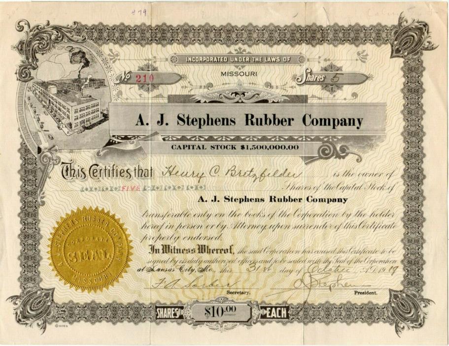 A. J. Stephens Rubber Company of Kansas City, Missouri 1919 Stock Certificate