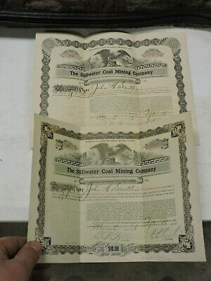 2 Antique Stillwater Coal Mining Co. Stock Certificates, 1912, Ohio, (VE)