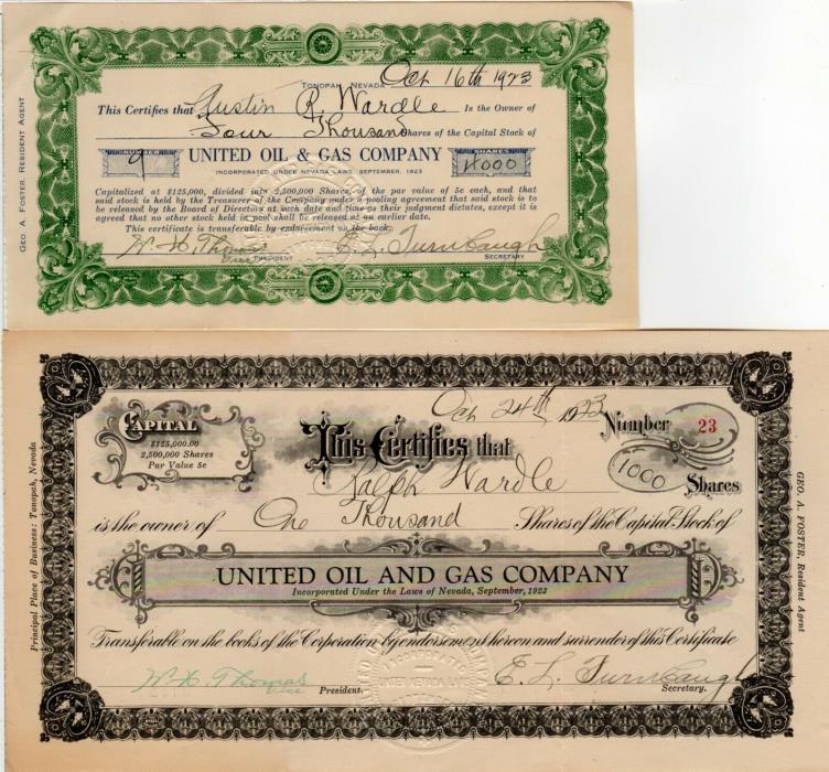 Pair of United Oil & Gas Company of Tonopah, Nevada - 1923 Stock Certificates