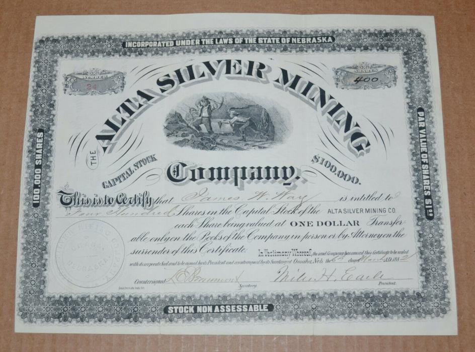 The Alta Silver Mining Company 1882 antique stock certificate