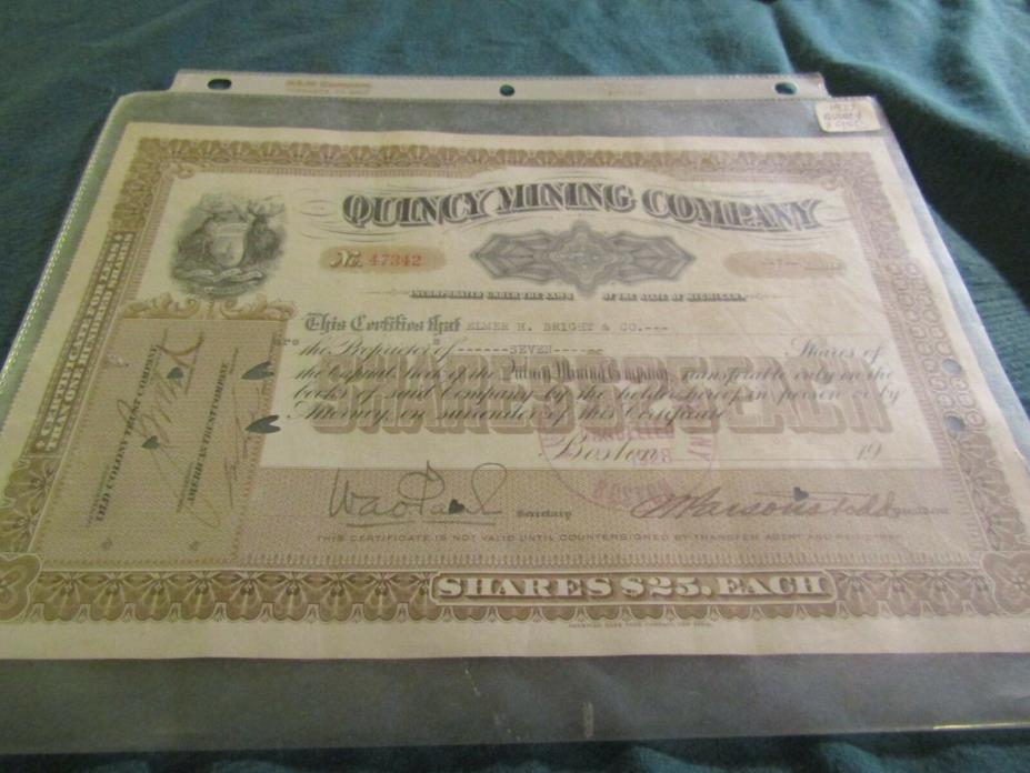 Quincy Mining Company Stock Certificate