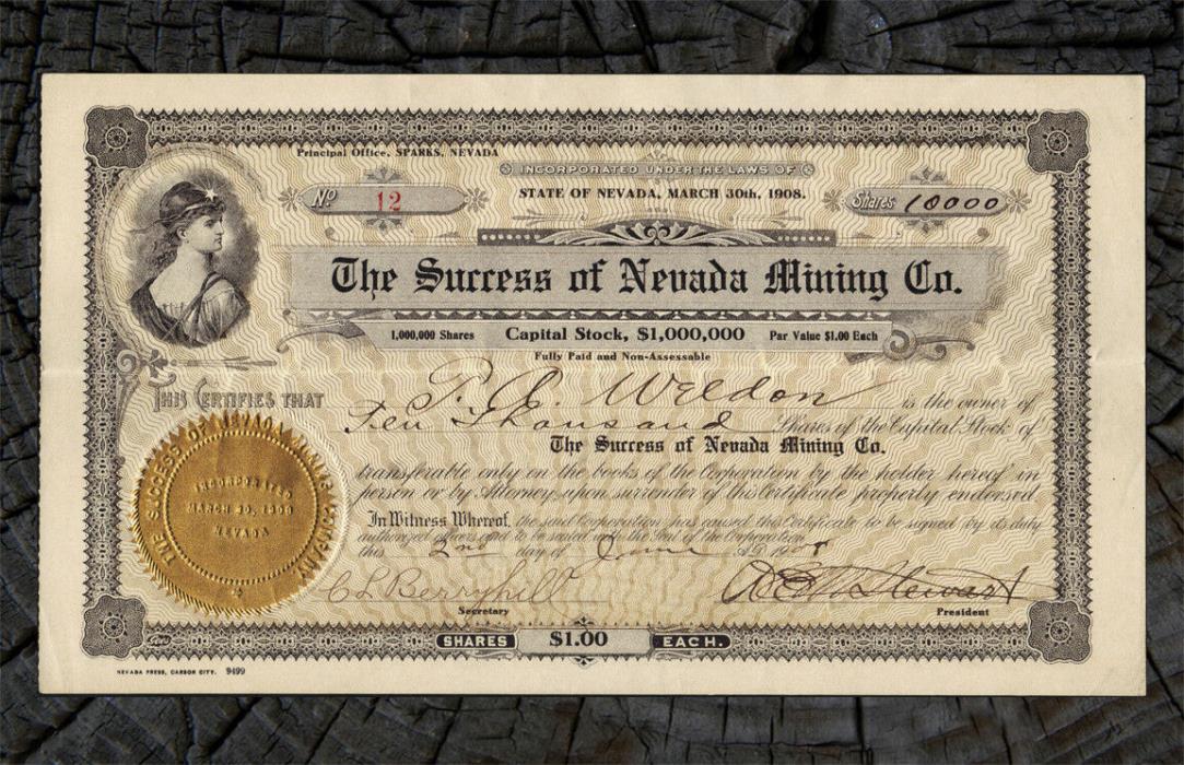 1908 SPARKS NEVADA Success of Nevada Mining Co. Stock Certificate #12 WASHOE CO.