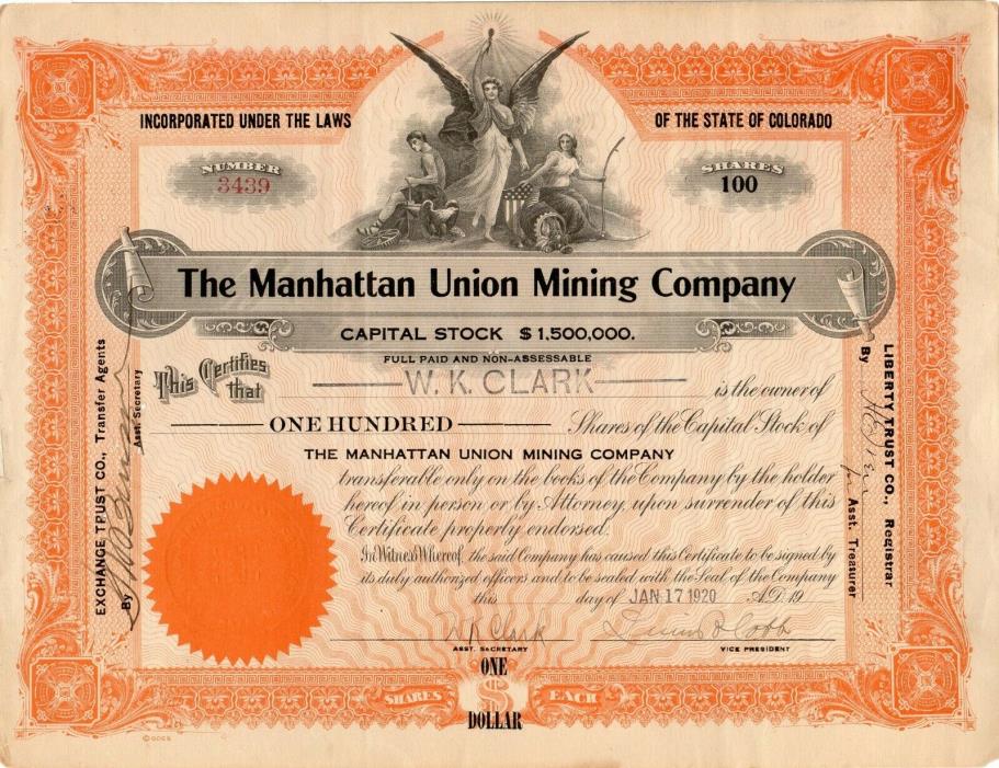 Manhattan Union Mining Company - Incorporated Colorado 1920 Stock Certificate