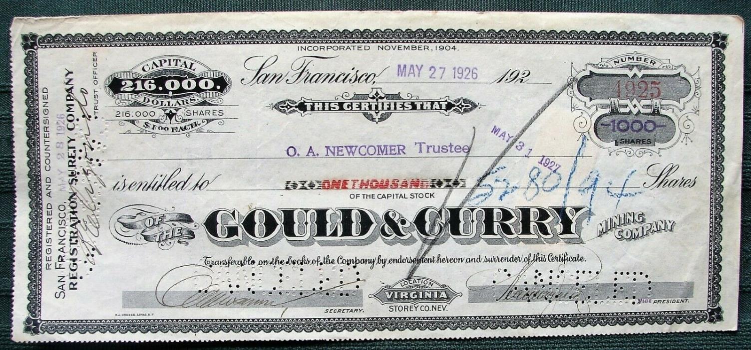 Gould & Curry Mining Company Storey County, Nevada 1926 Stock Certificate