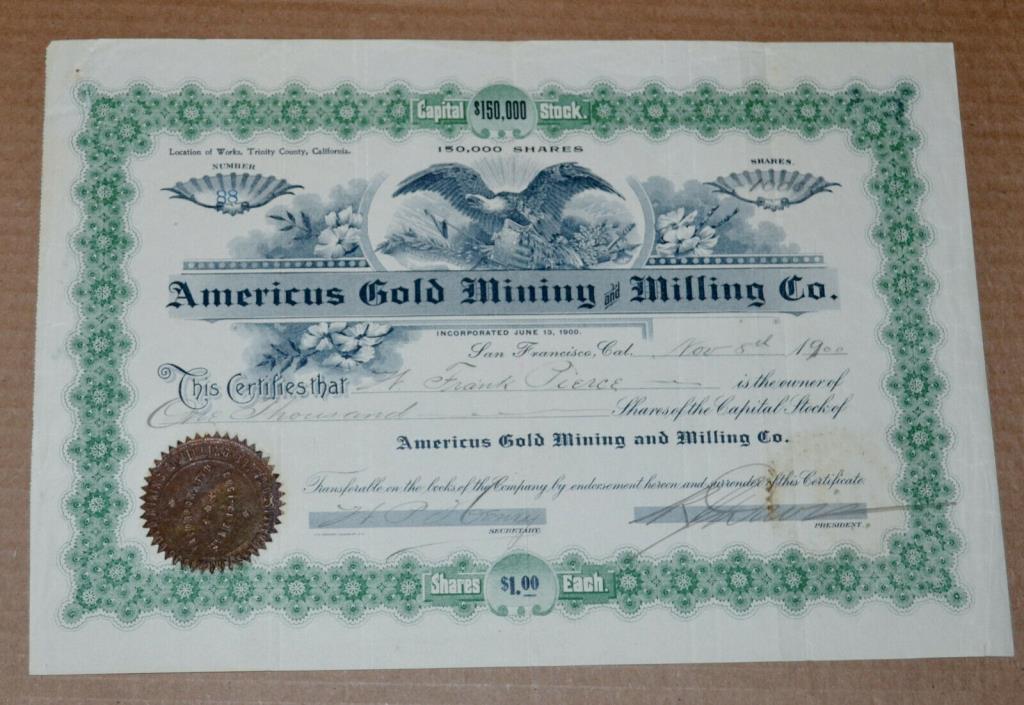 Americus Gold Mining and Milling Co. 1900 antique stock certificate