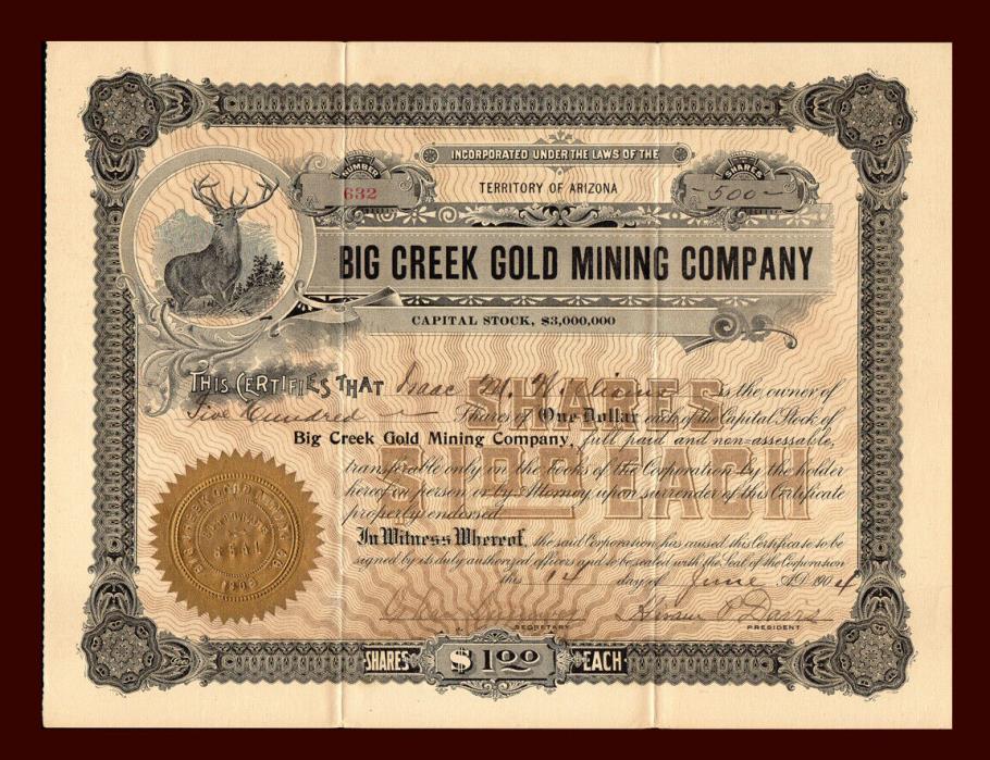 1904 Big Creek Gold Mining Company Stock Certificate TERRITORY OF ARIZONA
