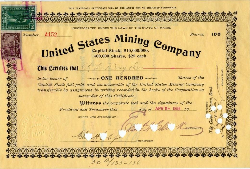 United States Mining Company of Maine 1899 Stock Certificate