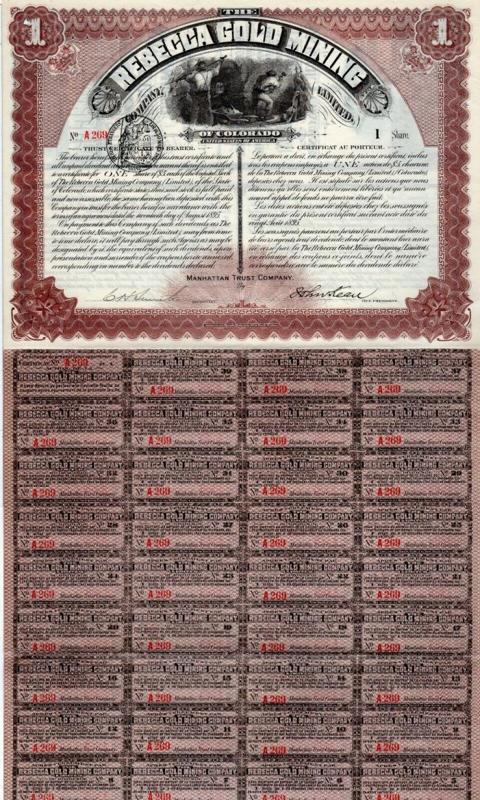 Rebecca Gold Mining of Colorado - 1895 Stock Certificate 1 Share - 39 Coupons