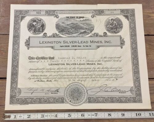 Lexington Silver-Lead Mines Inc Stock Certificate Idaho 1948 20 Shares