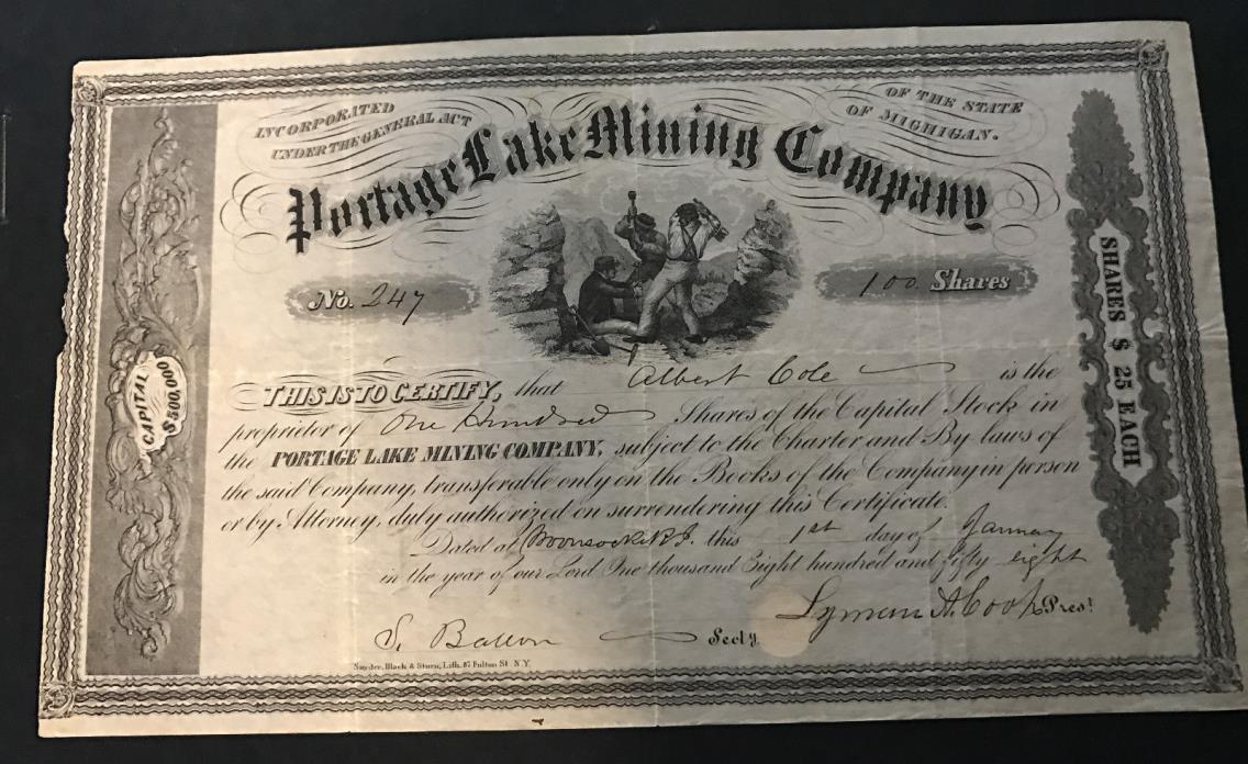 Stock Certificate 1850 Portage Lake Mining Co Michigan  Lyman A Cook