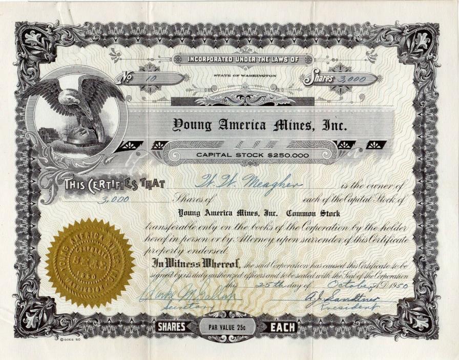 Young America Mines Incorporated of Washington 1950 Stock Certificate