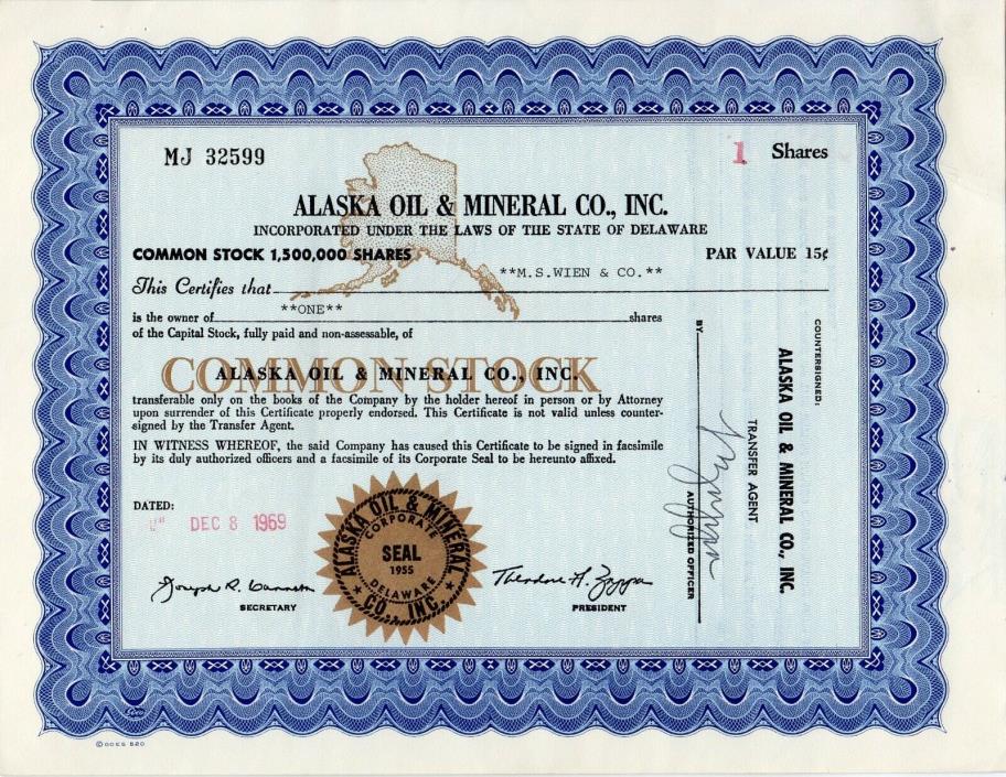 Alaska Oil & Mineral Company, Incorporated 1969 Stock Certificate - One Share