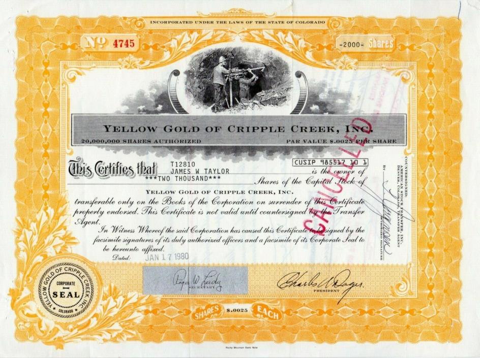 Yellow Gold of Cripple Creek, Colorado 1980 Stock Certificate