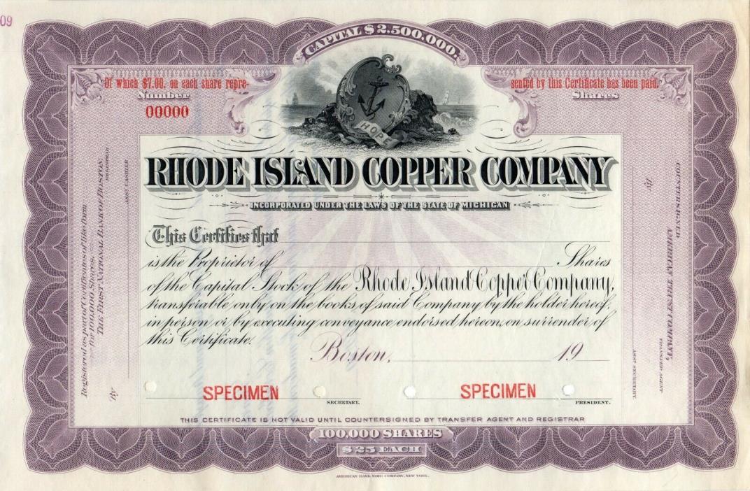 Rhode Island Copper Company of Michigan 19xx Specimen Stock Certificate Rarity 7