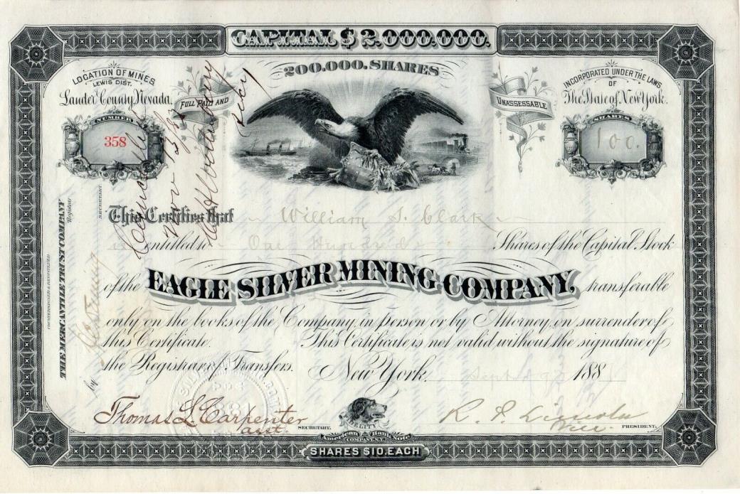 Eagle Silver Mining Company of Lauder County, Nevada 1880s Stock Certificate