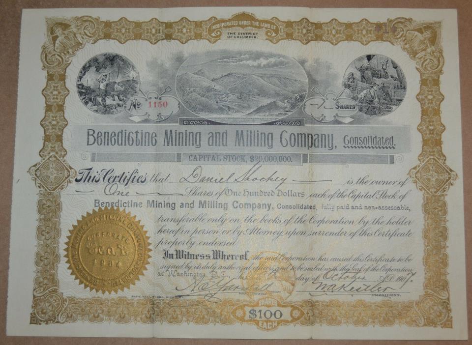 Benedictine Mining and Milling Company 1907 antique stock certificate Mojave