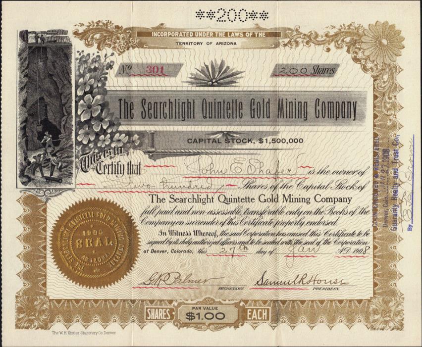 1908 NEVADA Searchlight Quintette Gold Mining Stock Certificate OFFICE COLORADO