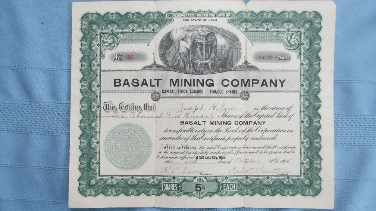 1915 Basalt Mining Company Stock-Salt Lake City Utah-Signed-Uncancelled-5 Cents