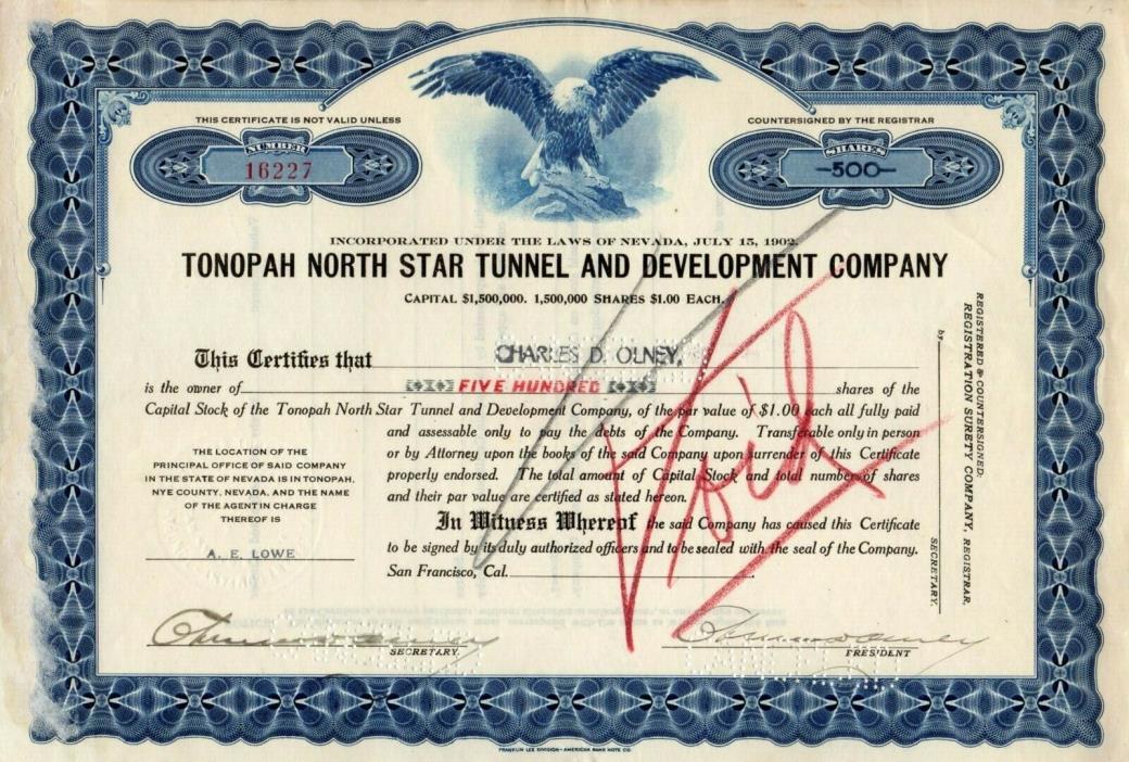 Tonopah North Star and Development of Nevada - about 1902 Stock Certificate