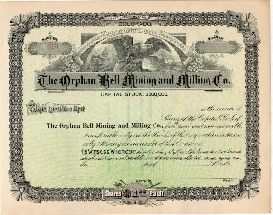 Orphan Bell Mining and Milling -Colorado Springs 189x unissued Stock Certificate