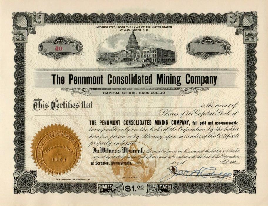 Pennmont Consolidated Mining of Scranton, Pennsylvania 19xx Stock Certificate