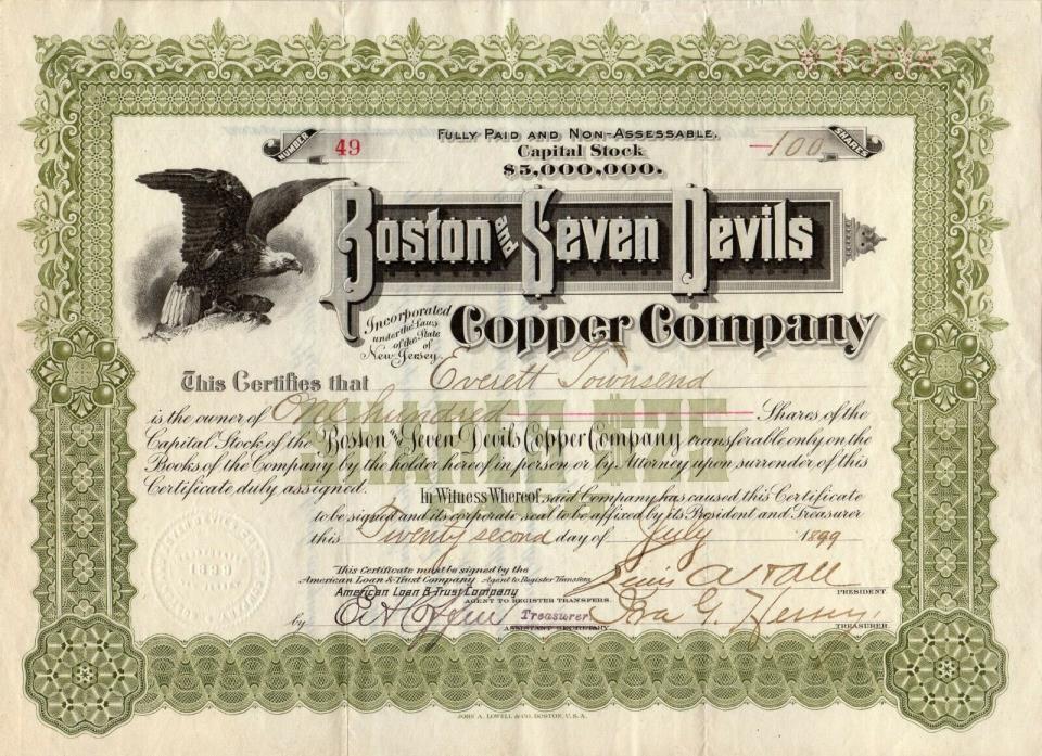 Boston and Seven Devils Copper Company of Idaho 1899 Stock Certificate