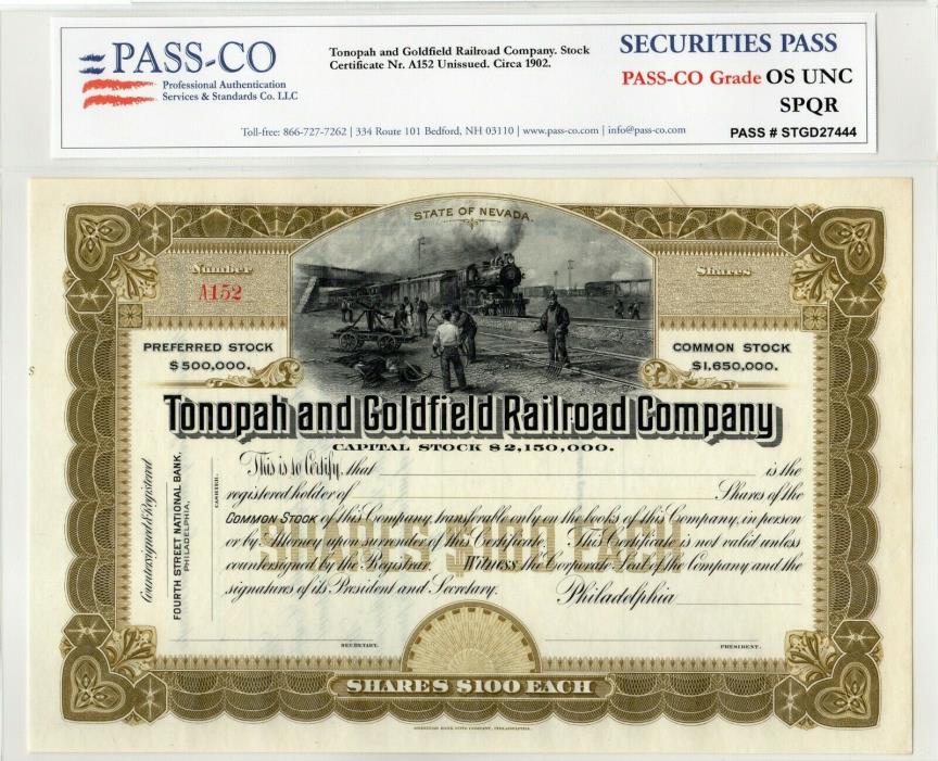 Tonopah and Goldfield Railroad Pass-Co Graded early ca 1902 Stock Certificate