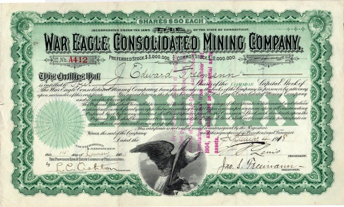 War Eagle Consolidated Mining -Colorado -Incorporated CT 1918 Stock Certificate