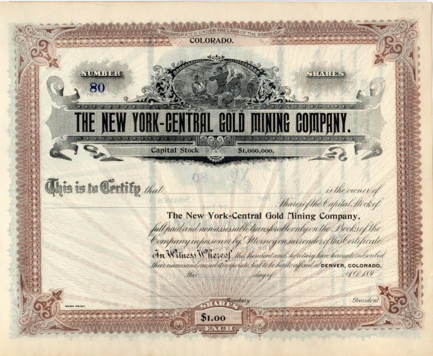 New - York Central Gold Mining Company - Denver, Colorado 189x Stock Certificate