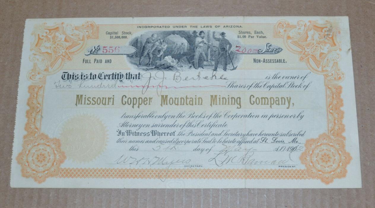 Missouri Copper Mountain Mining Company 1912 antique stock certificate