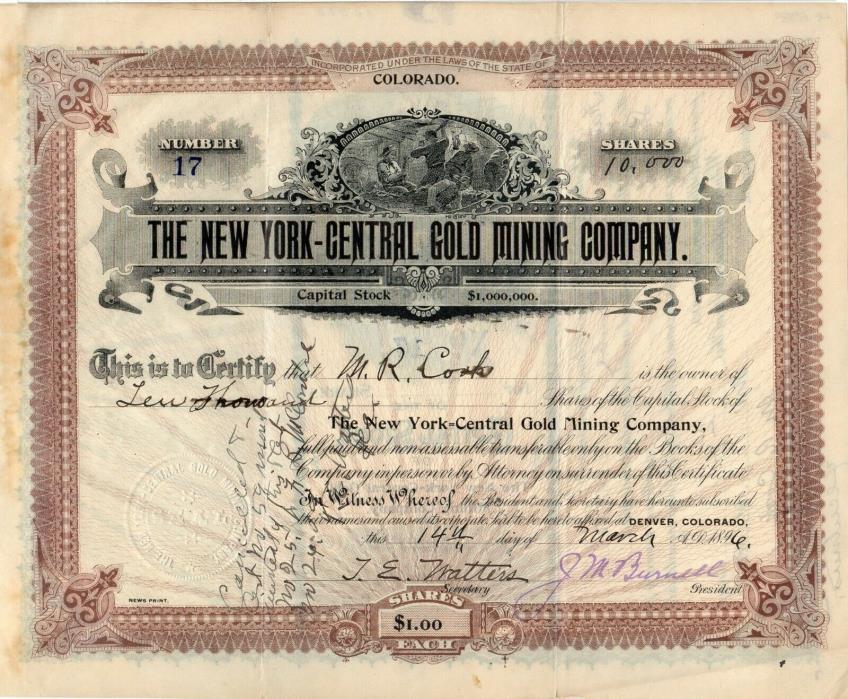 New York - Central Gold Mining Company - Denver, Colorado 1896 Stock Certificate