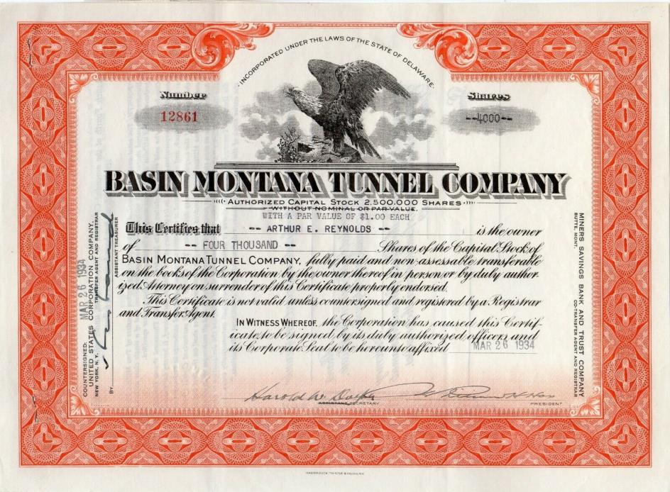 Basin Montana Tunnel Company  1934 Stock Certificate