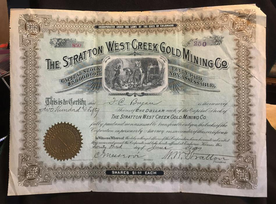 STRATTON WEST CREEK GOLD MINING CO stock certificate West Creek Colorado 1897