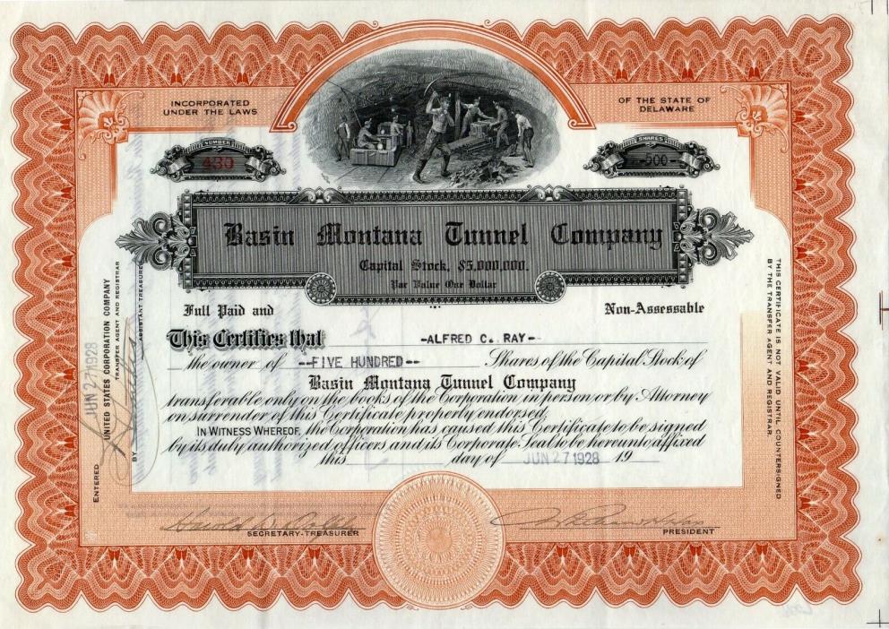 Basin Montana Tunnel Company  1928 Stock Certificate