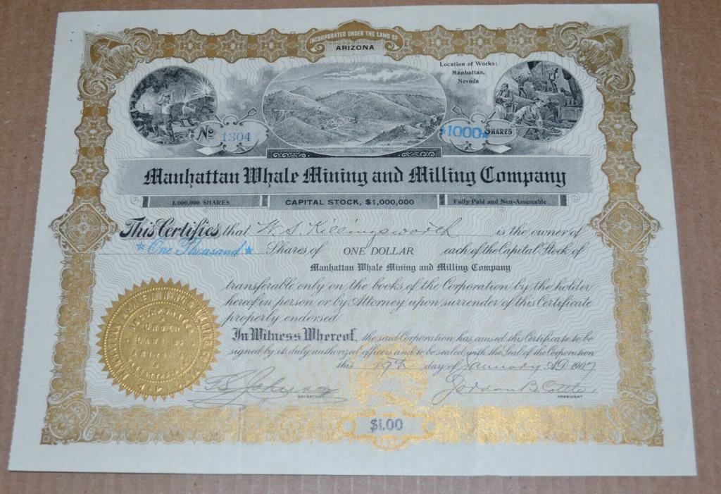 Manhattan Whale Mining and Milling Company 1907 antique stock certificate