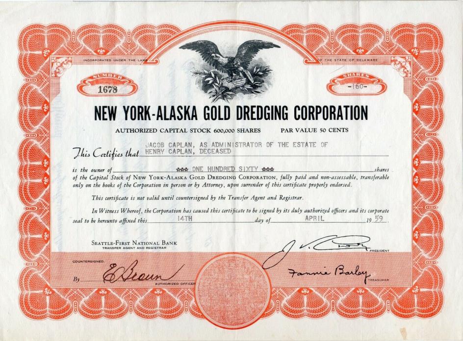 New York - Alaska Gold Dredging Corporation 1959 Stock Certificate
