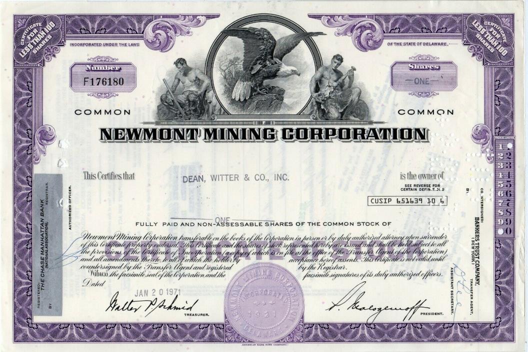 Newmont Mining Corporation of Greenwood Village, Colorado 1971 Stock Certificate
