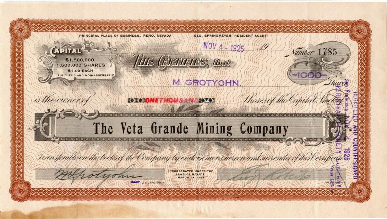 Veta Grande Mining Company of Reno, Nevada 1925 Stock Certificate