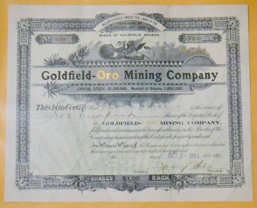 Goldfield-Oro Mining Company 1906 antique stock certificate