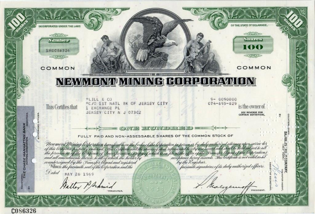 Newmont Mining Corporation of Greenwood Village, Colorado 1969 Stock Certificate