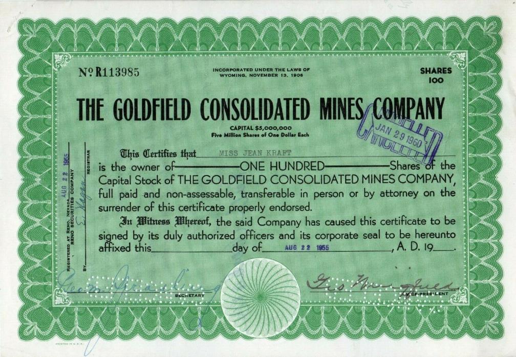 Goldfield Consolidated Mines Company of Wyoming 1955 Stock Certificate