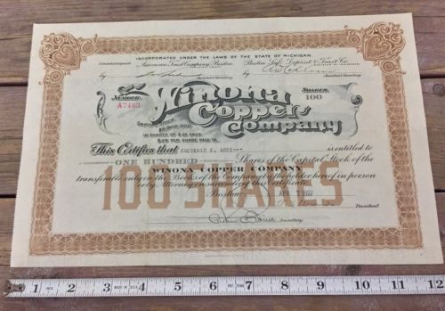 Winona Copper Company Stock Certificate 100 Shares Michigan Mining 1927