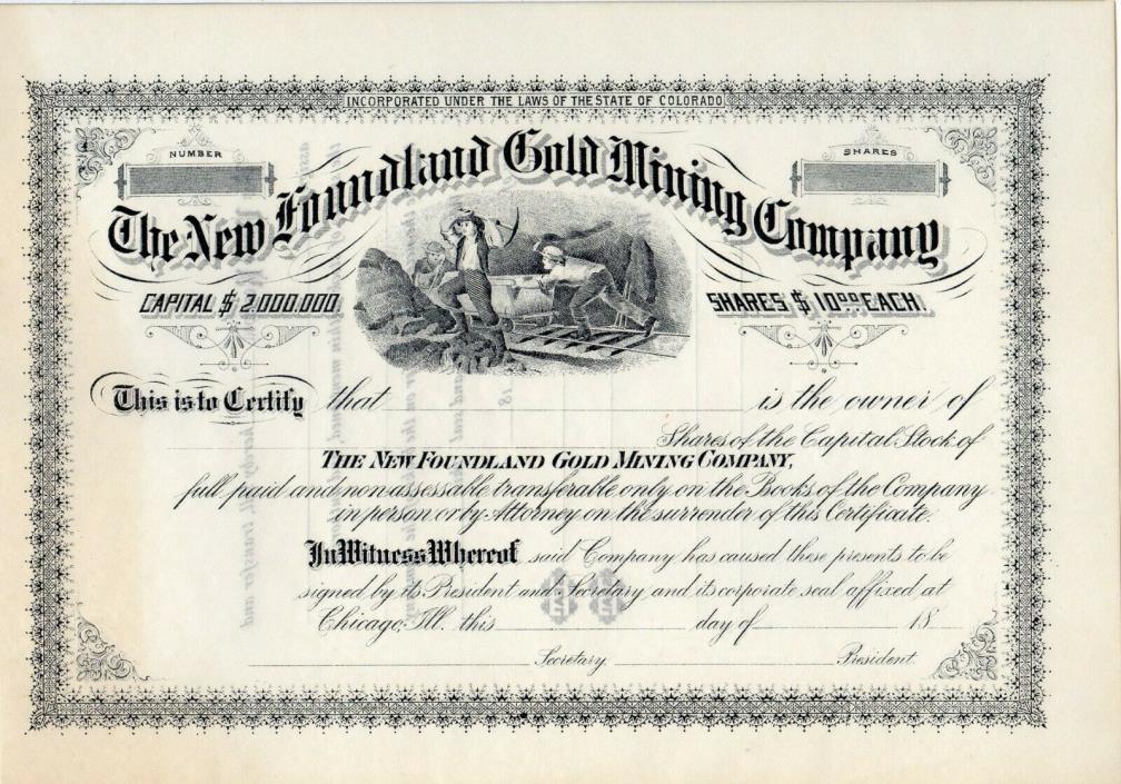 New Foundland Gold Mining Company of Colorado 18xx unissued Stock Certificate