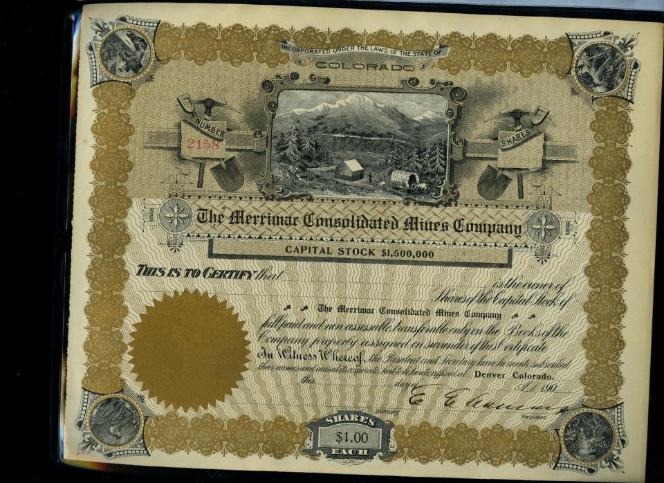 Early 1900s Merrimar Colorado Mining Stock Certificate Bond Viginette